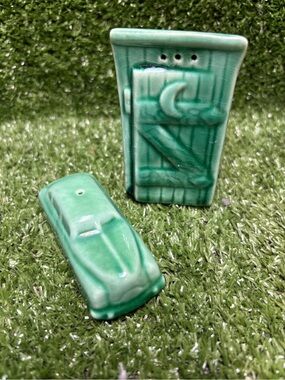 Retro Ceramic Car and Outhouse Salt & Pepper Shakers - Green